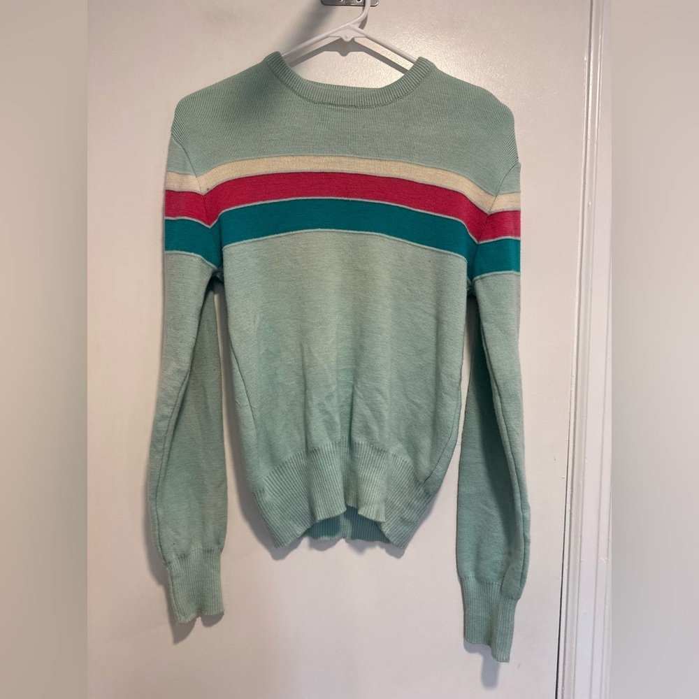 Vintage 1970s Meister Sz:L Wool aqua green Pink Cream striped pullover sweater.